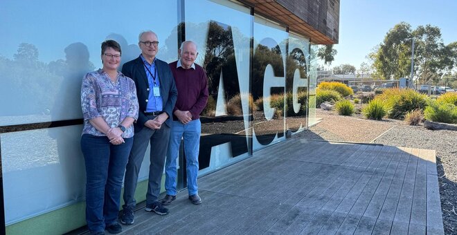 Australian Grains Genebank leader Dr Sally Norton, Crop Trust executive director Dr Stefan Schmitz, and Crawford Fund director Dr Tony Gregson. Photo: Australian Grains Genebank